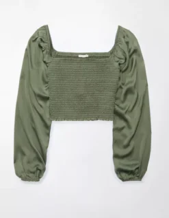 AE Smocked Satin Long-Sleeve Shirt -TrendAura Store 0358 5319 309 f